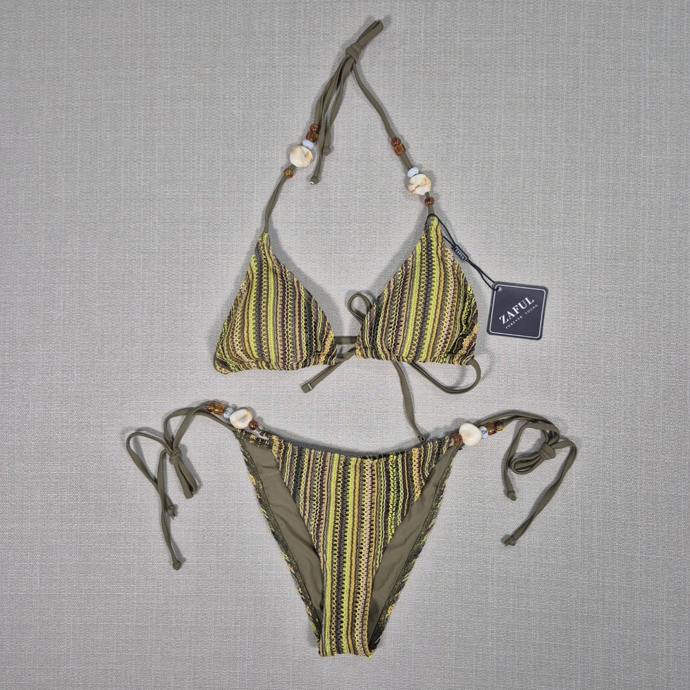 Zaful Women Boho Striped Shell Detail Triangle Bikini Set Olive Green Size M NEW